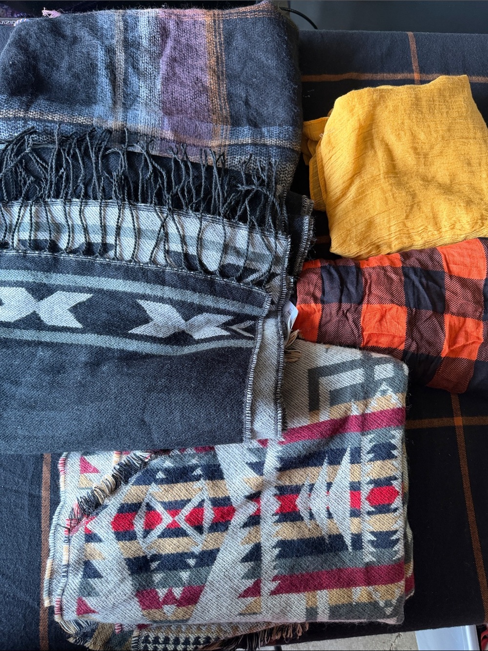 Assorted Women's Woven Scarves & Wraps in Black, Mustard, Red